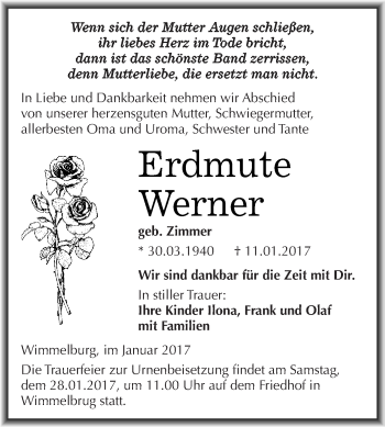 Traueranzeige von Erdmute Werner von Wochenspiegel Mansfelder Land