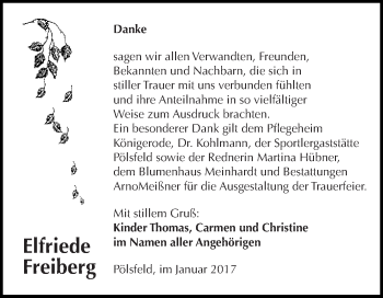 Traueranzeige von Elfriede Freiberg von Super Sonntag SGH Mansf. Land