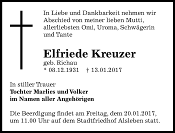 Traueranzeige von Elfriede kreuzer von Mitteldeutsche Zeitung Aschersleben