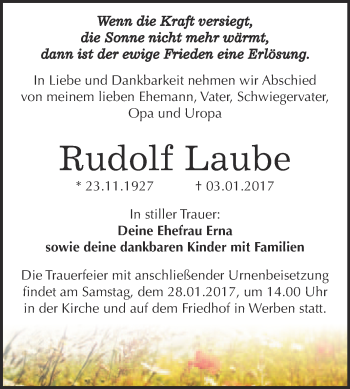 Traueranzeige von Rudolf Laube von WVG - Wochenspiegel Bitterfeld