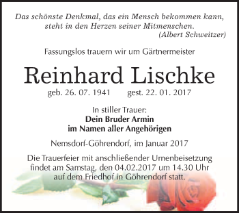 Traueranzeige von Reinhard Lischke von Super Sonntag Halle