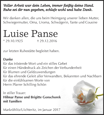 Traueranzeige von Luise Panse von WVG - Wochenspiegel NMB / WSF / ZTZ