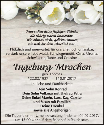Traueranzeige von Ingeburg Mrochen von Mitteldeutsche Zeitung Bitterfeld