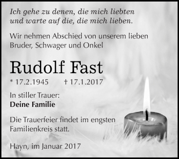 Traueranzeige von Rudolf Fast von Super Sonntag SGH Mansf. Land
