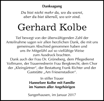 Traueranzeige von Gerhard Kolbe von Mitteldeutsche Zeitung Sangerhausen