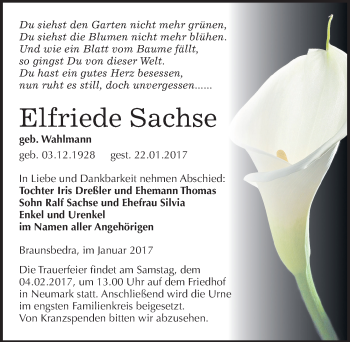 Traueranzeige von Elfriede Sachse von Mitteldeutsche Zeitung Merseburg/Querfurt
