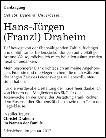 Traueranzeige von Hans-Jürgen Draheim von Mitteldeutsche Zeitung Sangerhausen