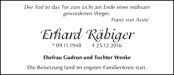 Traueranzeige von Erhard Räbiger von Mitteldeutsche Zeitung Halle/Saalkreis