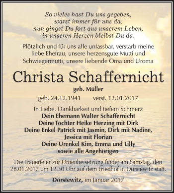 Traueranzeige von Christa Schaffernicht von WVG - Wochenspiegel Merseburg