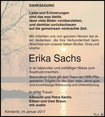 Traueranzeige von Erika Sachs von Super Sonntag Zeitz