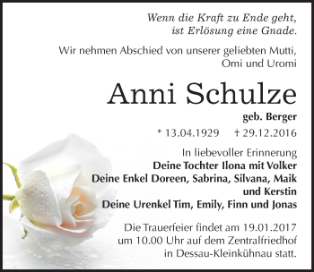 Traueranzeige von Anni Schulze von Mitteldeutsche Zeitung Dessau-Roßlau