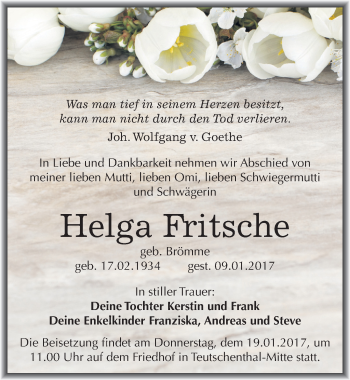 Traueranzeige von Helga Fritsche von Mitteldeutsche Zeitung Halle/Saalkreis