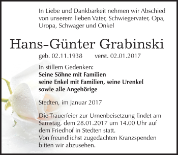 Traueranzeige von Hans-Günter Grabinski von Mitteldeutsche Zeitung Mansfelder Land