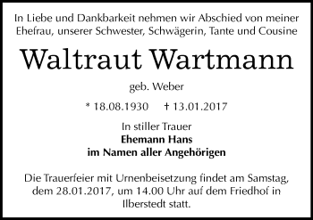 Traueranzeige von Waltraut Wartmann von Mitteldeutsche Zeitung Bernburg