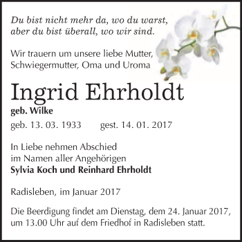 Traueranzeige von Ingrid Ehrholdt von WVG - Wochenspiegel Quedlinburg