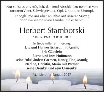 Traueranzeige von Herbert Stamborski von Wochenspiegel Mansfelder Land