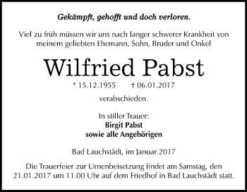 Traueranzeige von Wilfried Pabst von WVG - Wochenspiegel Merseburg