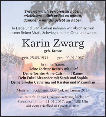 Traueranzeige von Karin Zwarg von WVG - Wochenspiegel Merseburg