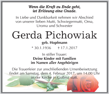 Traueranzeige von Gerda Pichowiak von Mitteldeutsche Zeitung Halle/Saalkreis