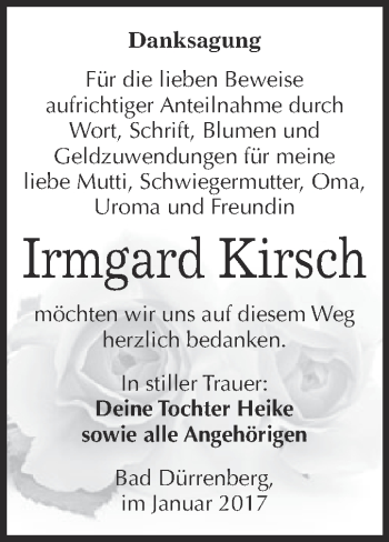 Traueranzeige von Irmgard Kirsch von Super Sonntag Merseburg