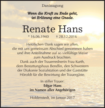 Traueranzeige von Renate Hans von Mitteldeutsche Zeitung Sangerhausen