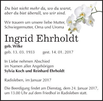 Traueranzeige von Ingrid Ehrholdt von Mitteldeutsche Zeitung Quedlinburg