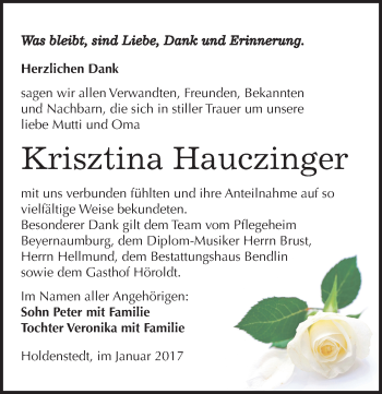 Traueranzeige von Krisztina Hauczinger von Mitteldeutsche Zeitung Sangerhausen