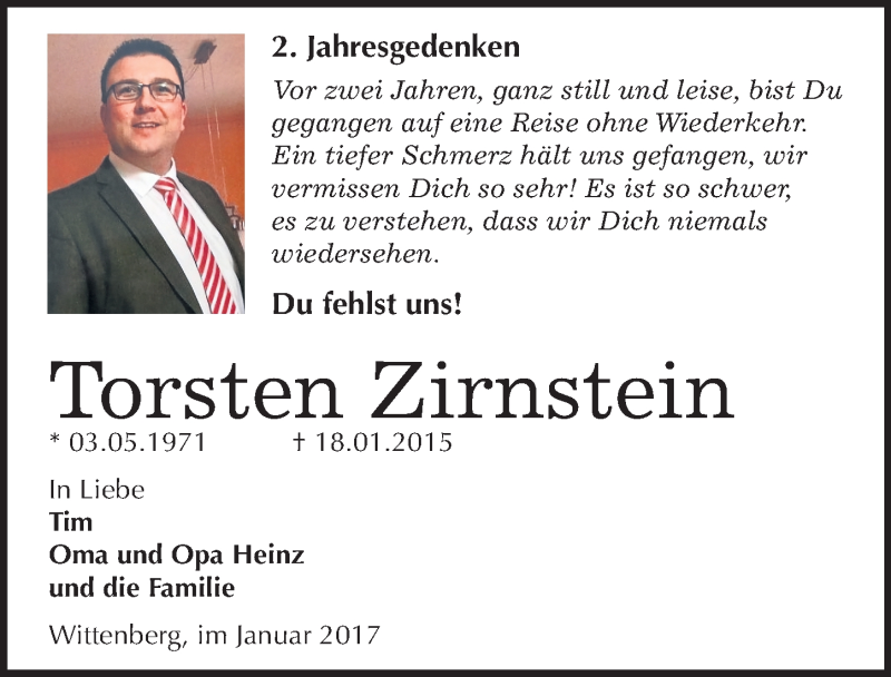  Traueranzeige für Torsten Zirnstein vom 18.01.2017 aus Mitteldeutsche Zeitung Wittenberg