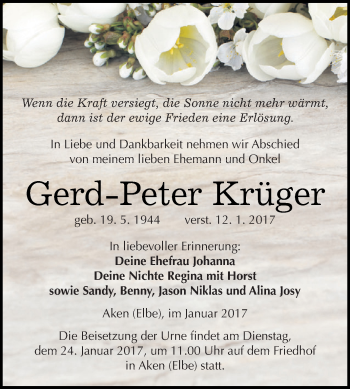 Traueranzeige von Gerd-Peter Krüger von WVG - Wochenspiegel Dessau / Köthen