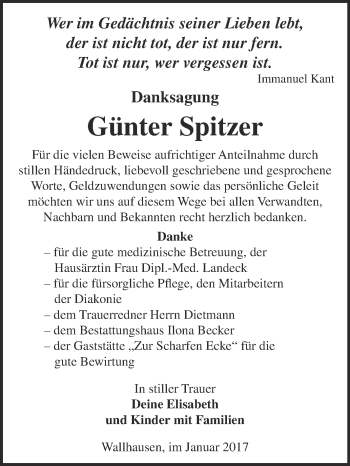 Traueranzeige von Günter Spitzer von Super Sonntag SGH Mansf. Land