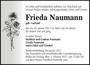 Traueranzeige von Frieda Naumann von Mitteldeutsche Zeitung Halle/Saalkreis