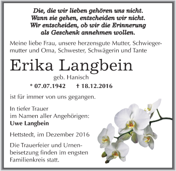 Traueranzeige von Erika Langbein von Mitteldeutsche Zeitung Mansfelder Land