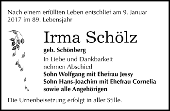 Traueranzeige von Irma Schölz von Mitteldeutsche Zeitung Bitterfeld
