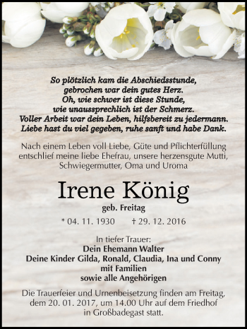 Traueranzeige von Irene König von WVG - Wochenspiegel Dessau / Köthen