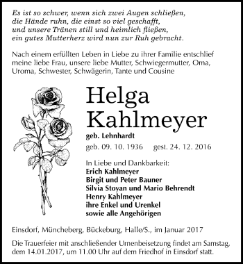 Traueranzeige von Helga Kahlmeyer von Mitteldeutsche Zeitung Sangerhausen