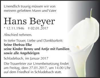 Traueranzeige von Hans Beyer von Super Sonntag Merseburg