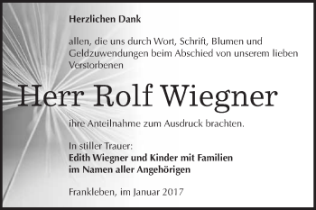 Traueranzeige von Rolf Wiegner von WVG - Wochenspiegel Merseburg