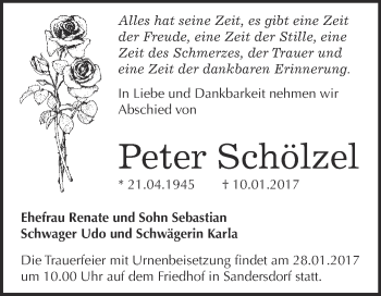 Traueranzeige von Peter Schölzel von WVG - Wochenspiegel Bitterfeld