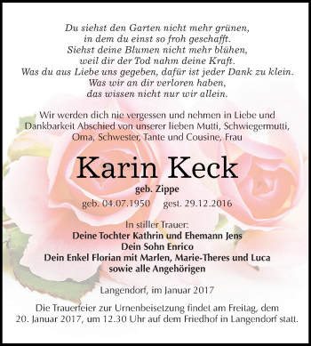 Traueranzeige von Karin Keck von WVG - Wochenspiegel NMB / WSF / ZTZ