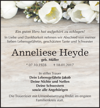 Traueranzeige von Anneliese Heyde von Mitteldeutsche Zeitung Bitterfeld