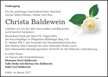 Traueranzeige von Christa Baldewein von Mitteldeutsche Zeitung Halle/Saalkreis