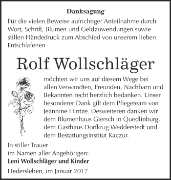 Traueranzeige von Rolf Wollschläger von WVG - Wochenspiegel Quedlinburg