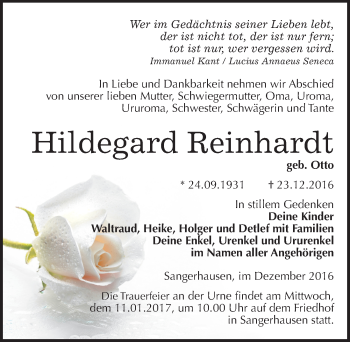 Traueranzeige von Hildegard Reinhardt von Mitteldeutsche Zeitung Sangerhausen