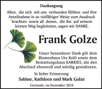 Traueranzeige von Frank Golze von Mitteldeutsche Zeitung Quedlinburg