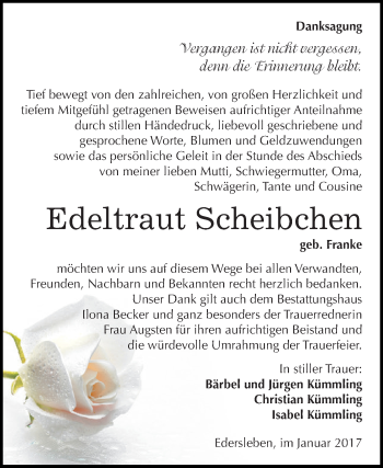 Traueranzeige von Edeltraut Scheibchen von Super Sonntag SGH Mansf. Land