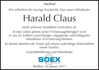 Traueranzeige von Harald Claus von Mitteldeutsche Zeitung Bitterfeld