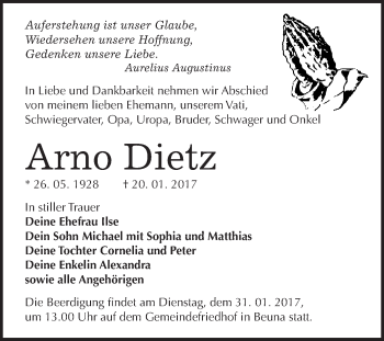 Traueranzeige von Arno Dietz von Super Sonntag Halle