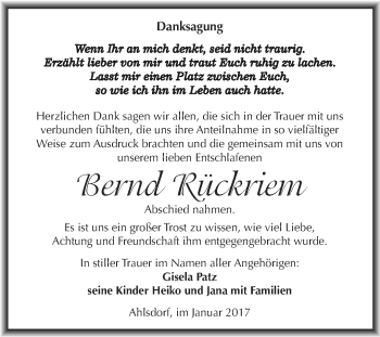 Traueranzeige von Bernd Rückriem von Wochenspiegel Mansfelder Land