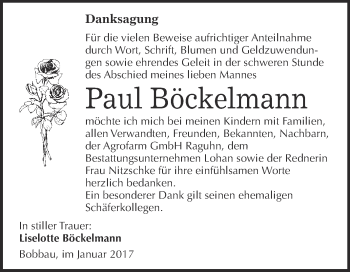 Traueranzeige von Paul Böckelmann von WVG - Wochenspiegel Bitterfeld