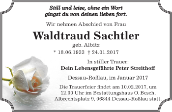 Traueranzeige von Waldtraud Sachtler von Mitteldeutsche Zeitung Dessau-Roßlau